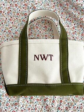 NEW Small LL Bean Boat and Tote Bag in Antique Olive - Burgundy NWT Embroidery